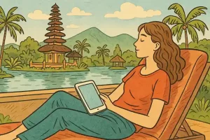 A woman is resting on Bali and holds a smart tablet in her hands.