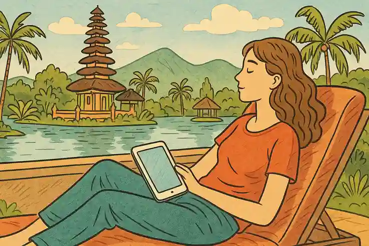 A woman is resting on Bali and holds a smart tablet in her hands.