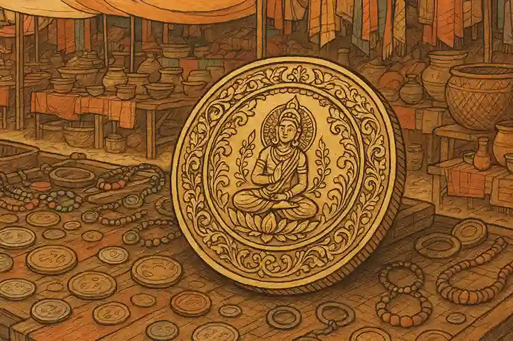 A flea market with strange, old, and unknown coins lying everywhere.