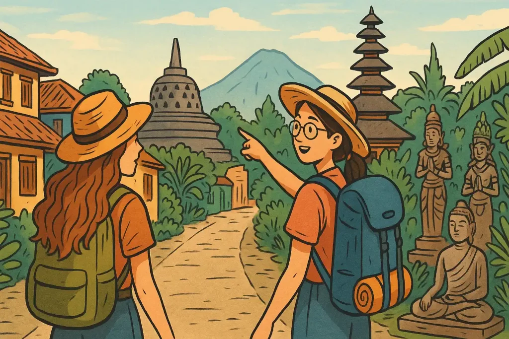 Two women with backpacks explore an Indonesian town, nature, and temples.