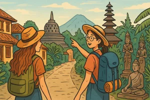 Two women with backpacks explore an Indonesian town, nature, and temples.