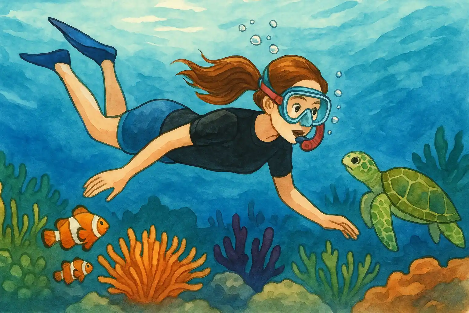 A woman is snorkelling in the sea and looking at sea creatures.