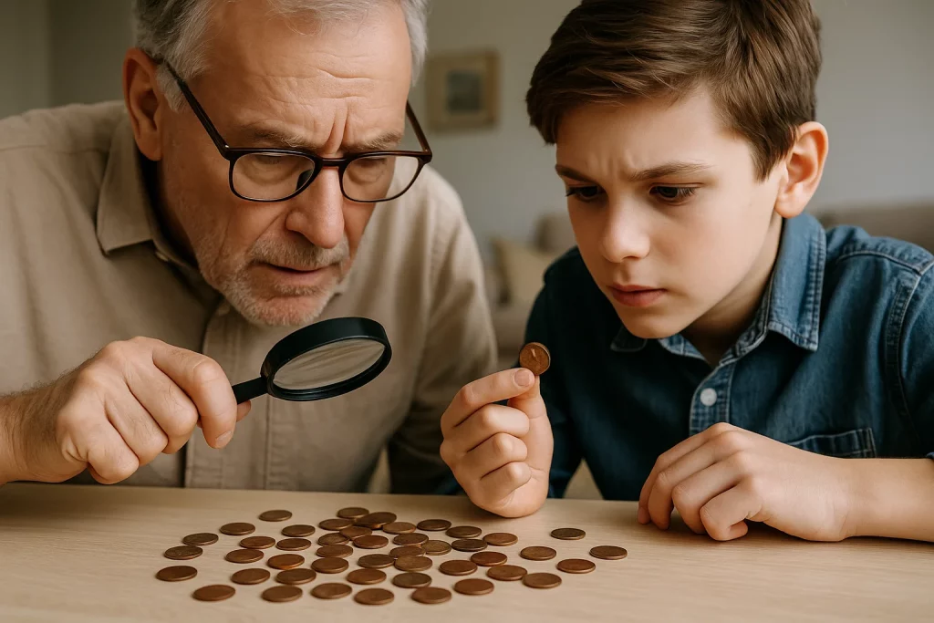 A grandfather and grandson carefully inspect wheat pennies together, searching for rare errors and hidden value.