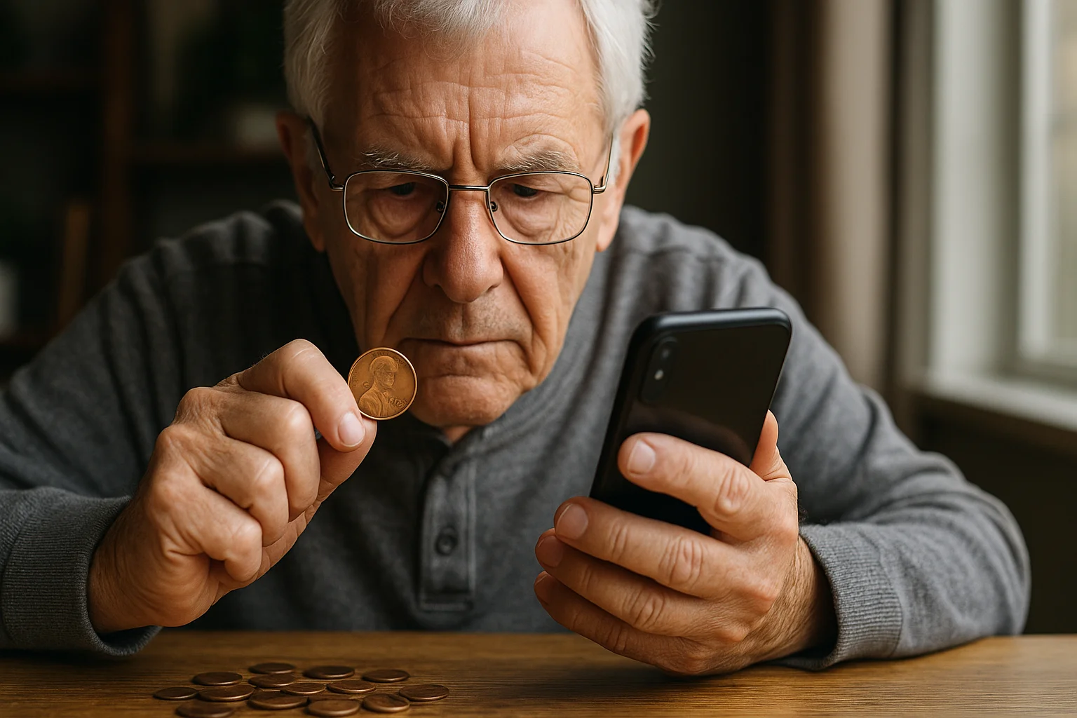 An elderly collector uses a smartphone app to evaluate a wheat penny, blending tradition with modern coin scanning technology.