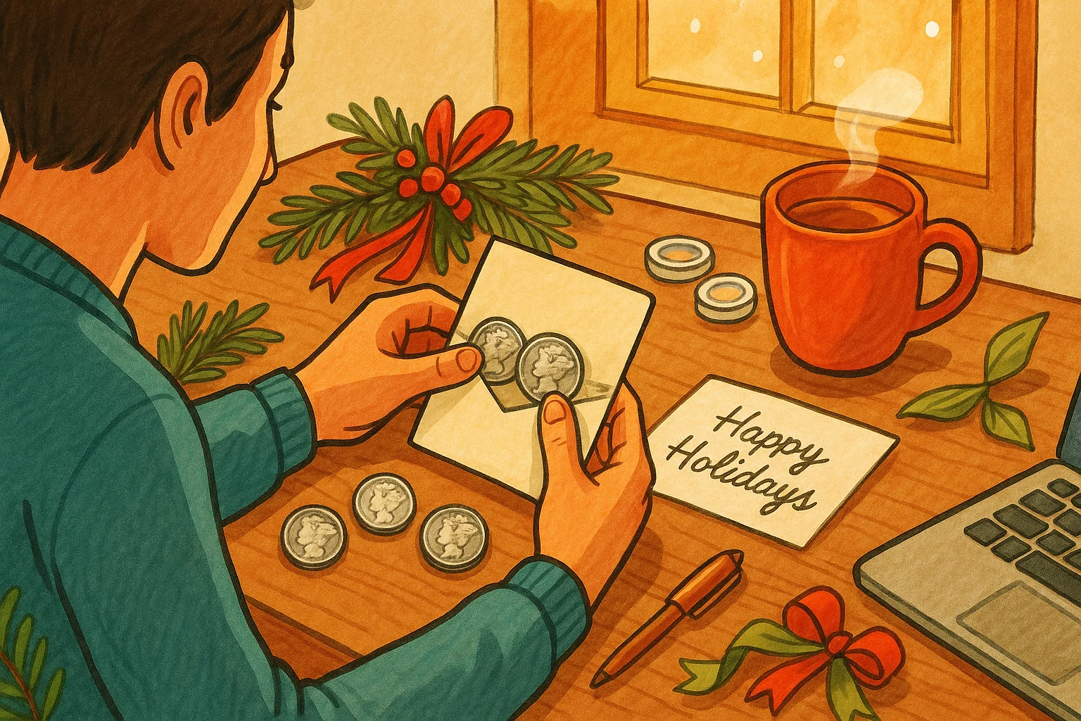 A person puts collectible old quarters in the envelope as a gify during Christmas holidays.