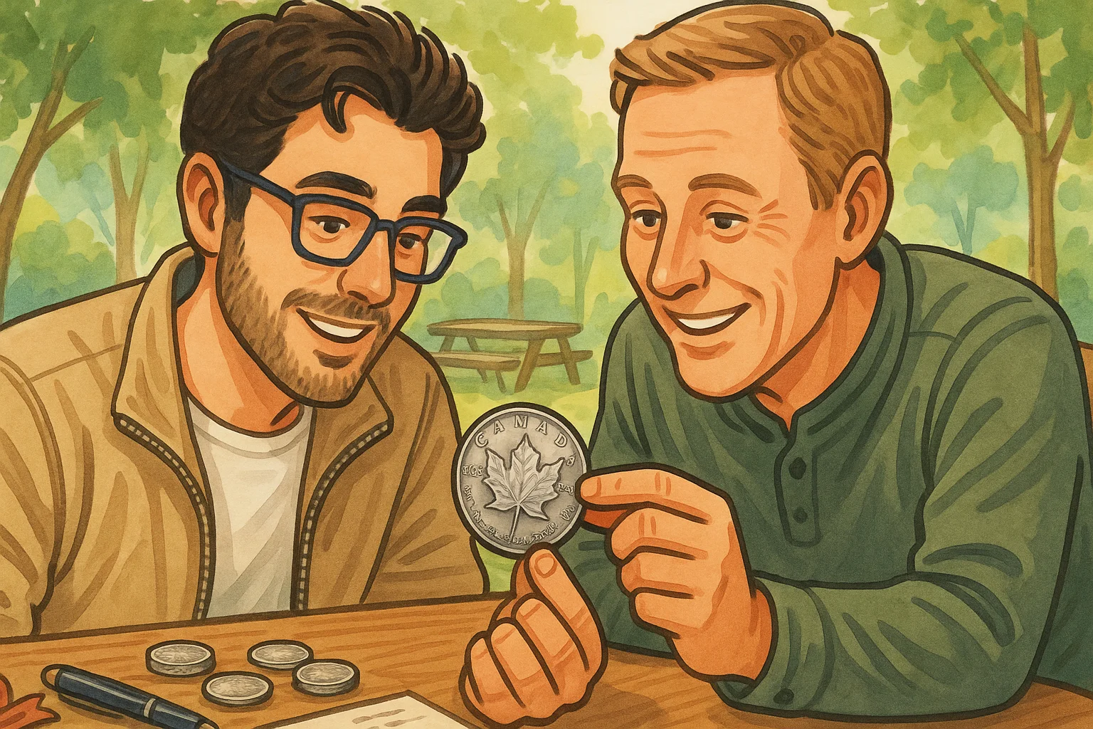 Two friends observe a Maple Leaf Canadian silver dollar in the park together.