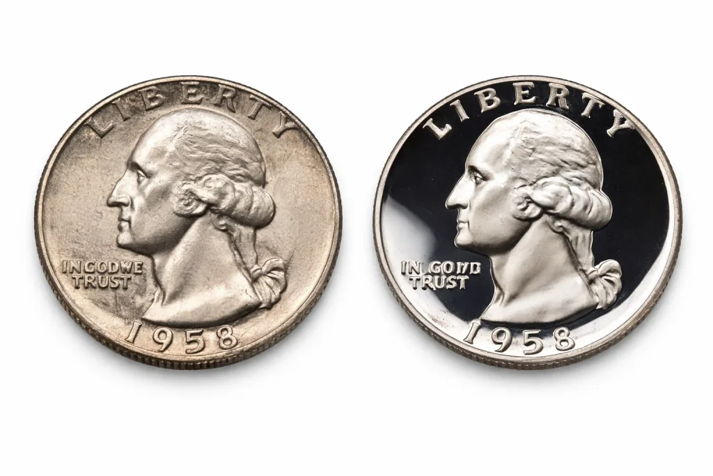 1958 quarter business strike and proof comparison.