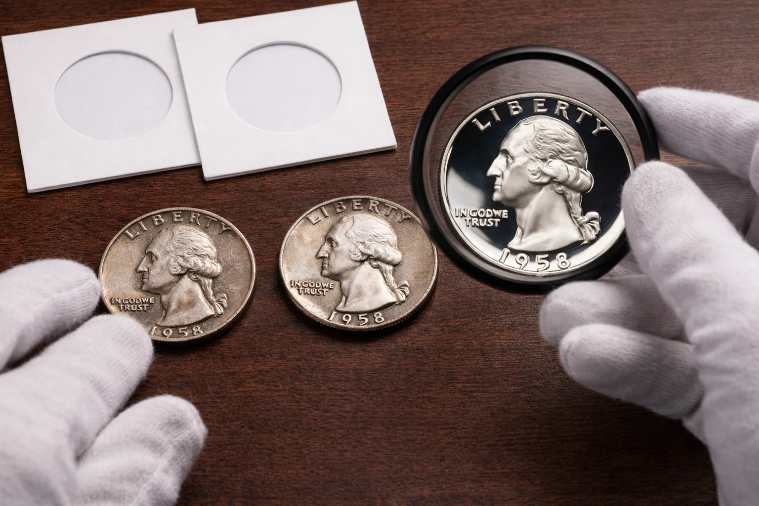 Collector inspecting three 1958 quarters with a loupe.